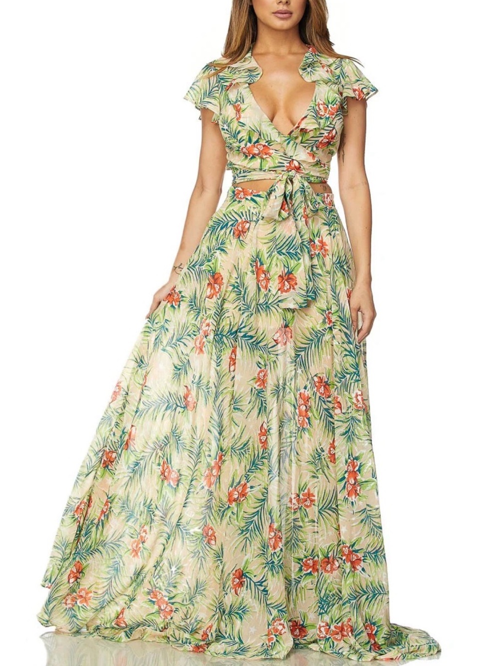 2pc Set Tropical Floral Print Wrap Crop Top and Maxi Skirt. Size Large